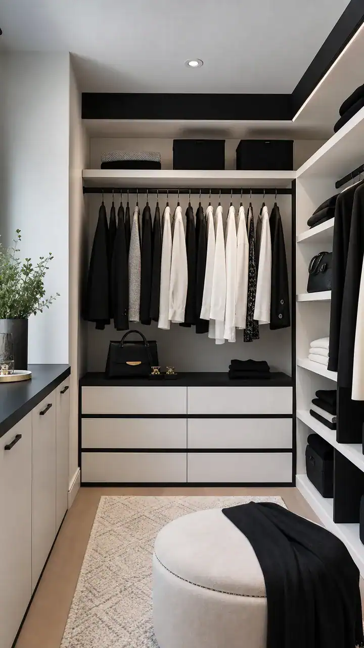 8. A Modern Closet Mood On A Budget With Black-And-White Contrast And Crisp Edges
