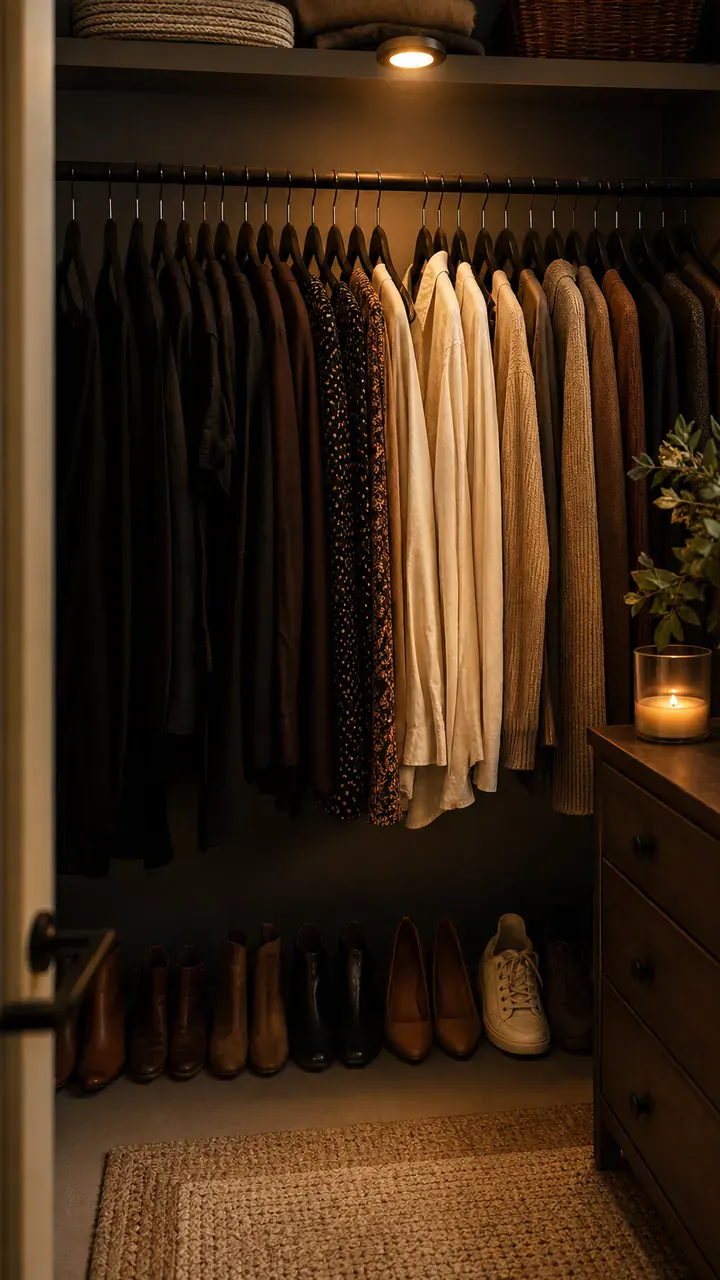 10. A Moody Closet Style On A Budget With Dark Hangers And A Dramatic Little Light