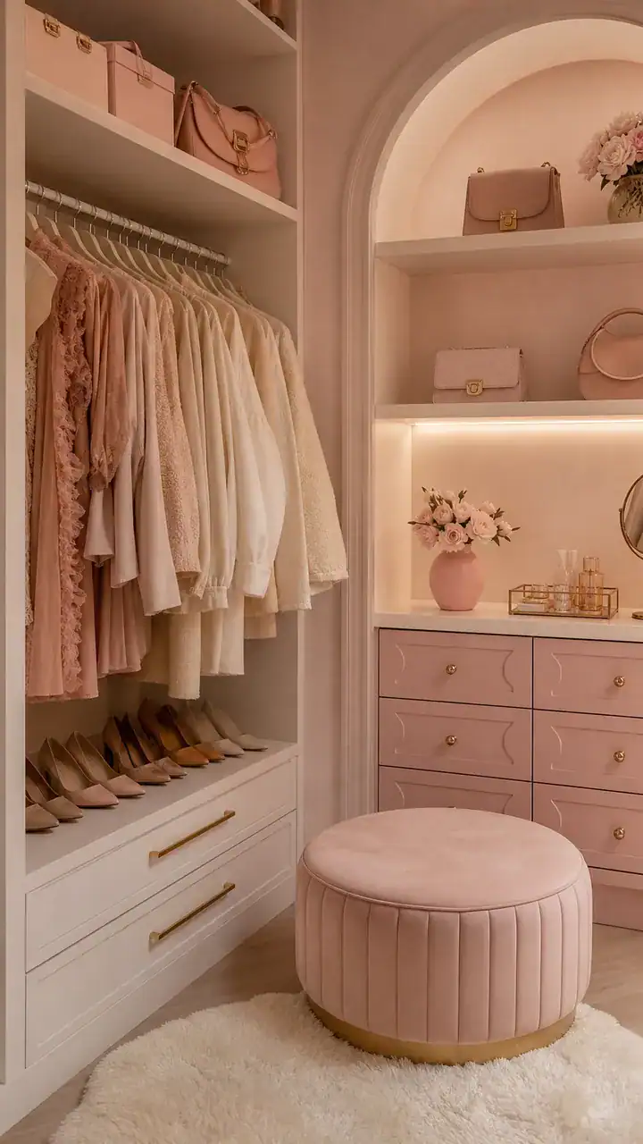 11. A Pretty Closet Setup On A Budget With Blush Tones And Soft Curves