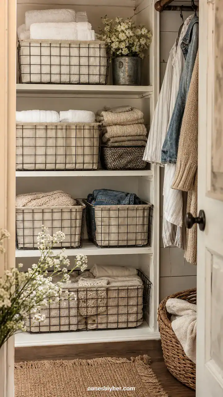 12. A Farmhouse Closet Look On A Budget With Wire Bins And Simple Labels Vibes