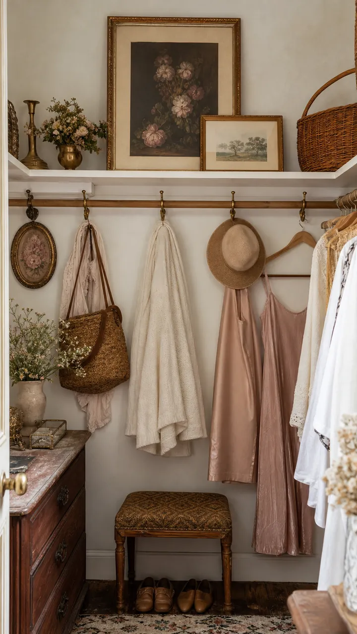 13. A Vintage Closet Story On A Budget With Brass Hooks And Thrifted Frames