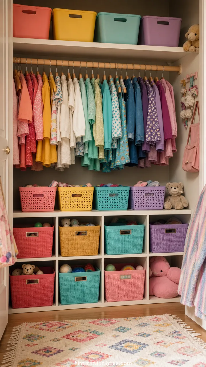 15. A Kid-Friendly Closet Decor On A Budget With Cute Bins And Happy Colors