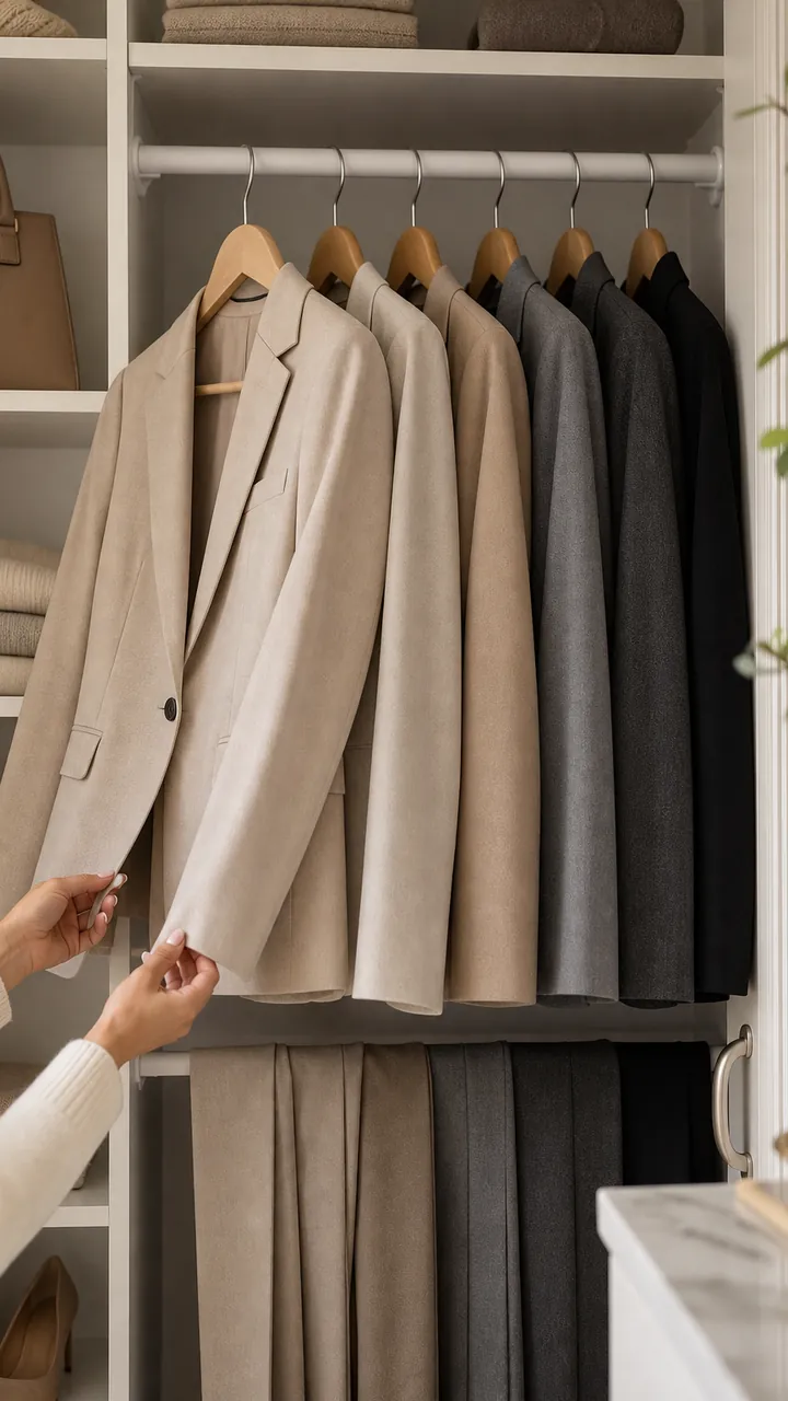 16. A Work-Ready Closet Look On A Budget With Matching Suit Pieces And Sharp Neutrals