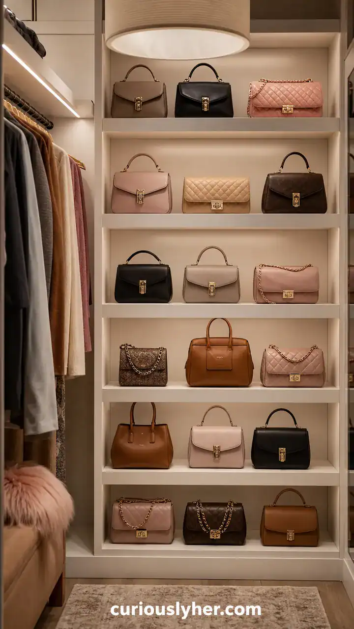 18. A Handbag-Pretty Closet Style On A Budget With Purses Lined Up Like A Little Shop