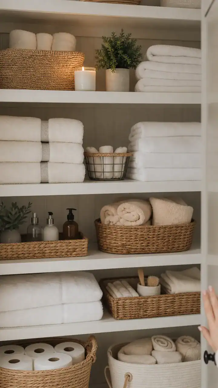 20. A Linen Closet Look On A Budget With Fluffy Towels And A Calm Spa Vibe