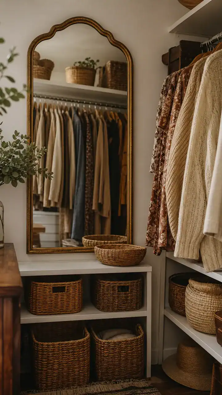 24. A Thrifted Closet Decor On A Budget With Secondhand Baskets And A One-Of-A-Kind Mirror