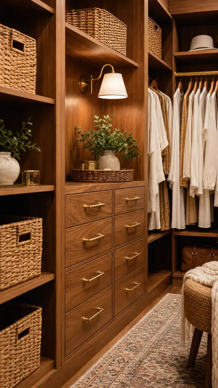 1. A Warm Wood Closet Look With Woven Baskets And Brass Details