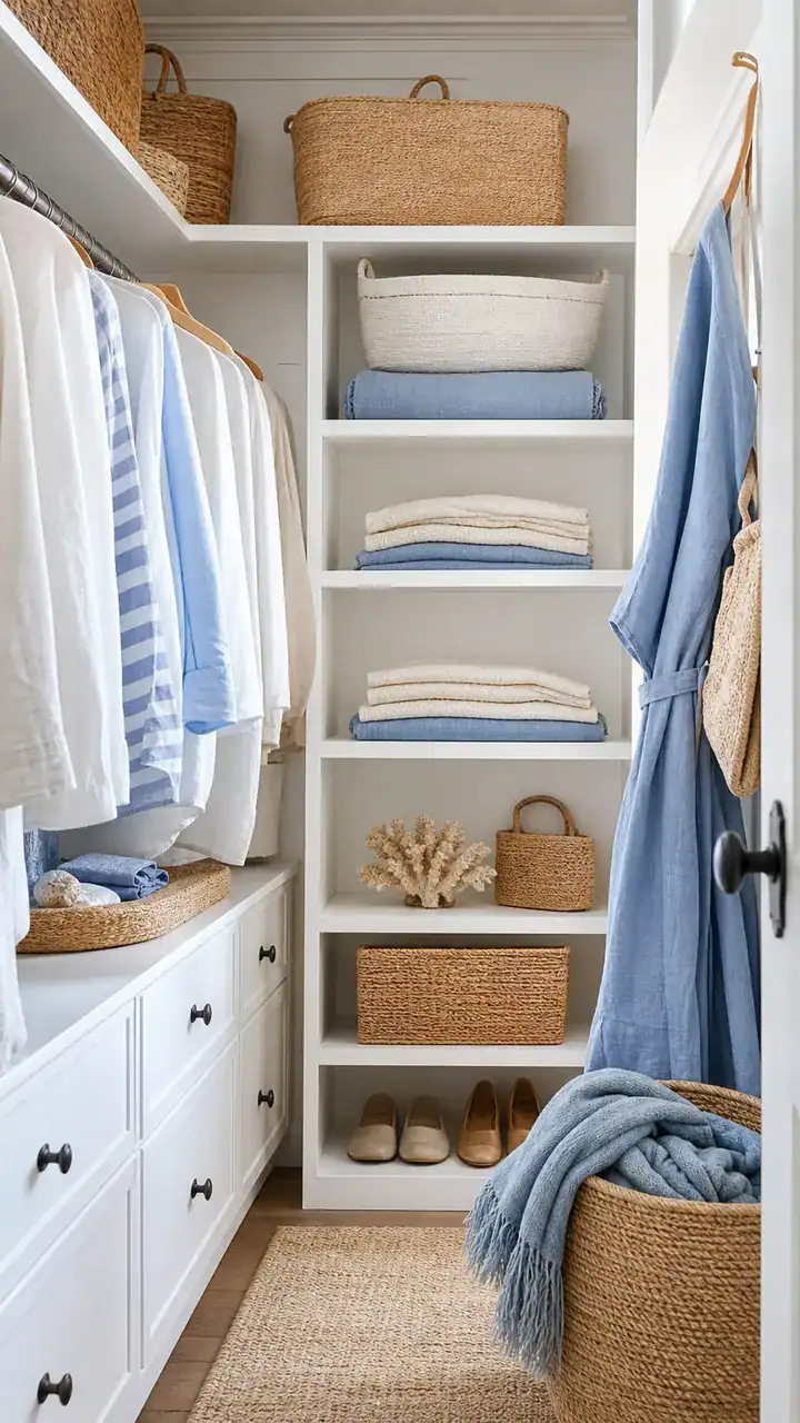 3. A Calm Coastal Closet Style In White, Blue, And Natural Linen