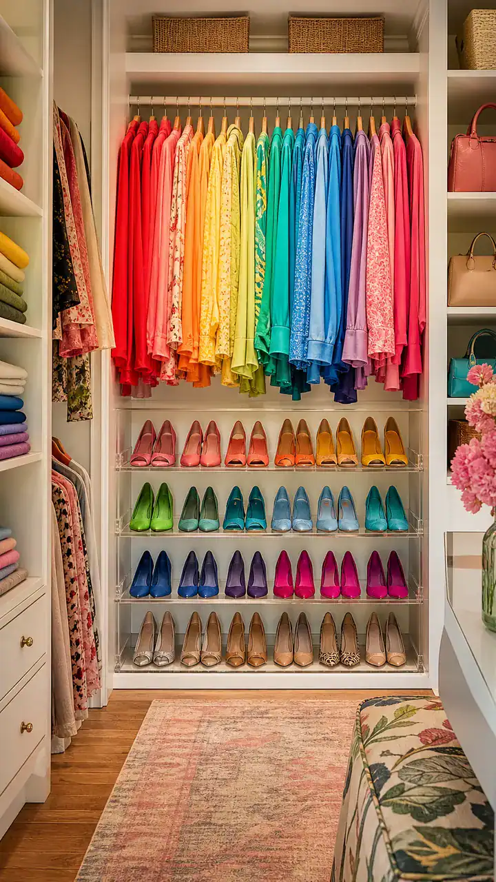 7. A Colorful Closet Design With Rainbow Clothing And Clear Shoe Shelves