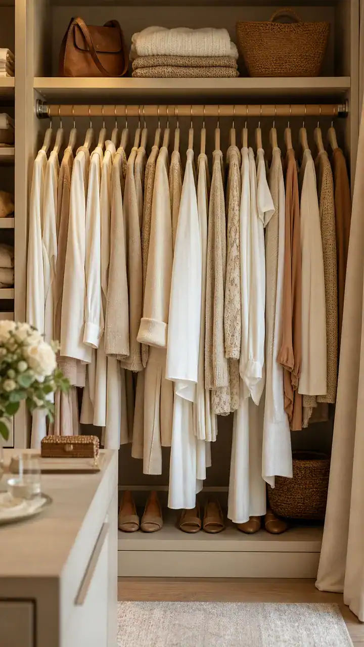 1. A Boutique-Style Moment With Bedroom Closet Ideas In Soft Neutrals And Matching Hangers