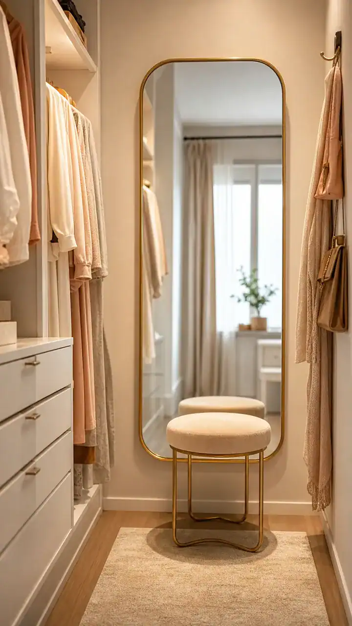 2. A Bright Little Dressing Zone Inspired By Bedroom Closet Inspiration With A Mirror And A Small Stool