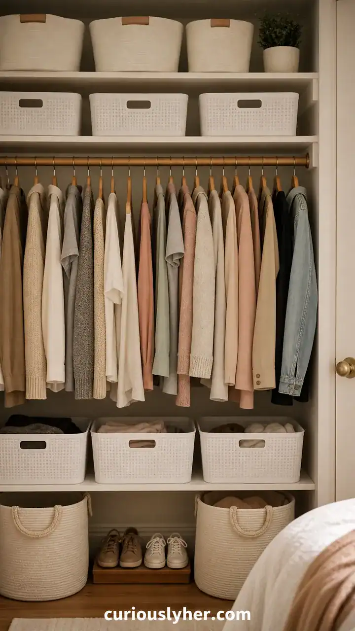 3. A Calm Rental-Friendly Look From Bedroom Closet Concepts With White Bins And Clean Labels