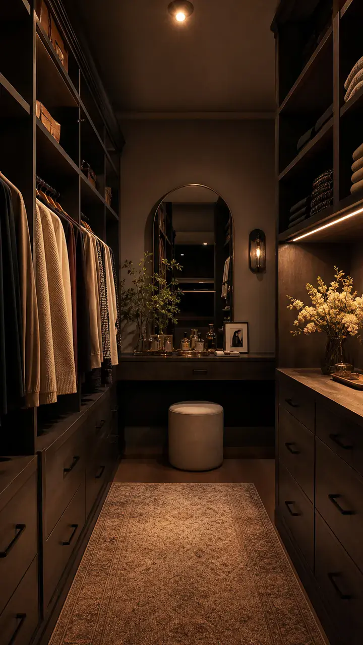 4. A Dark And Moody Nook Based On Bedroom Closet Decor Ideas With Black Hardware And Warm Lights