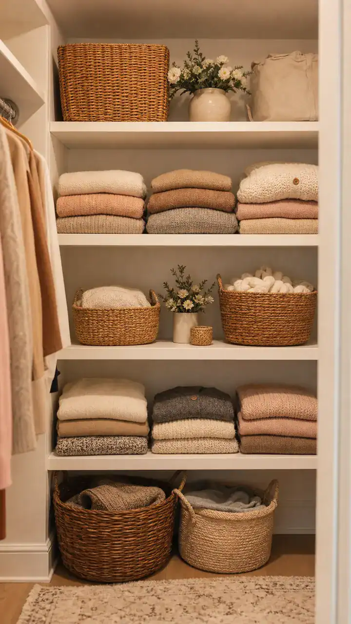 5. A Pretty Open-Shelf Look Pulled From Bedroom Closet Styling Ideas With Folded Sweaters And Baskets