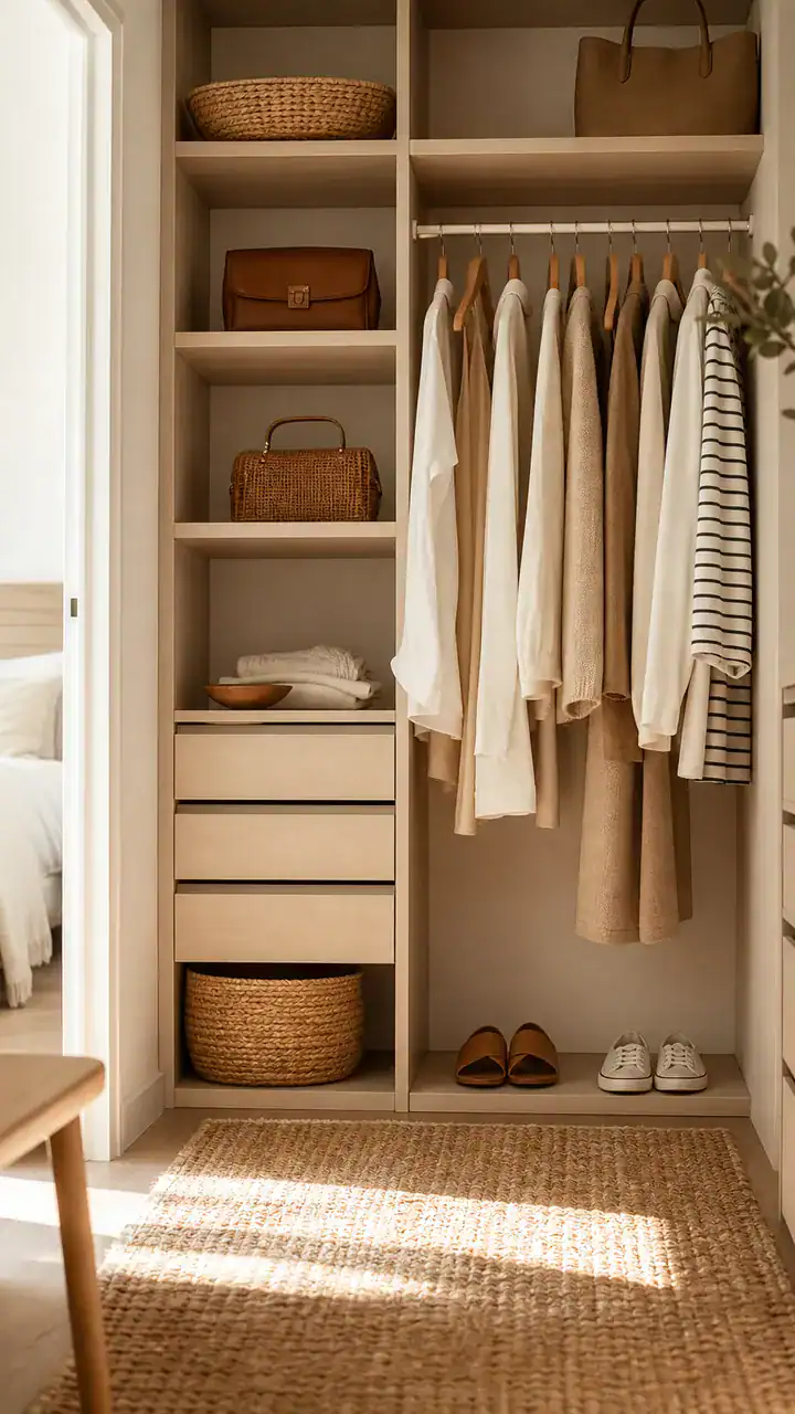 7. A Minimal And Airy Setup Based On Bedroom Closet Layout Ideas With Just A Few Favorite Pieces Showing