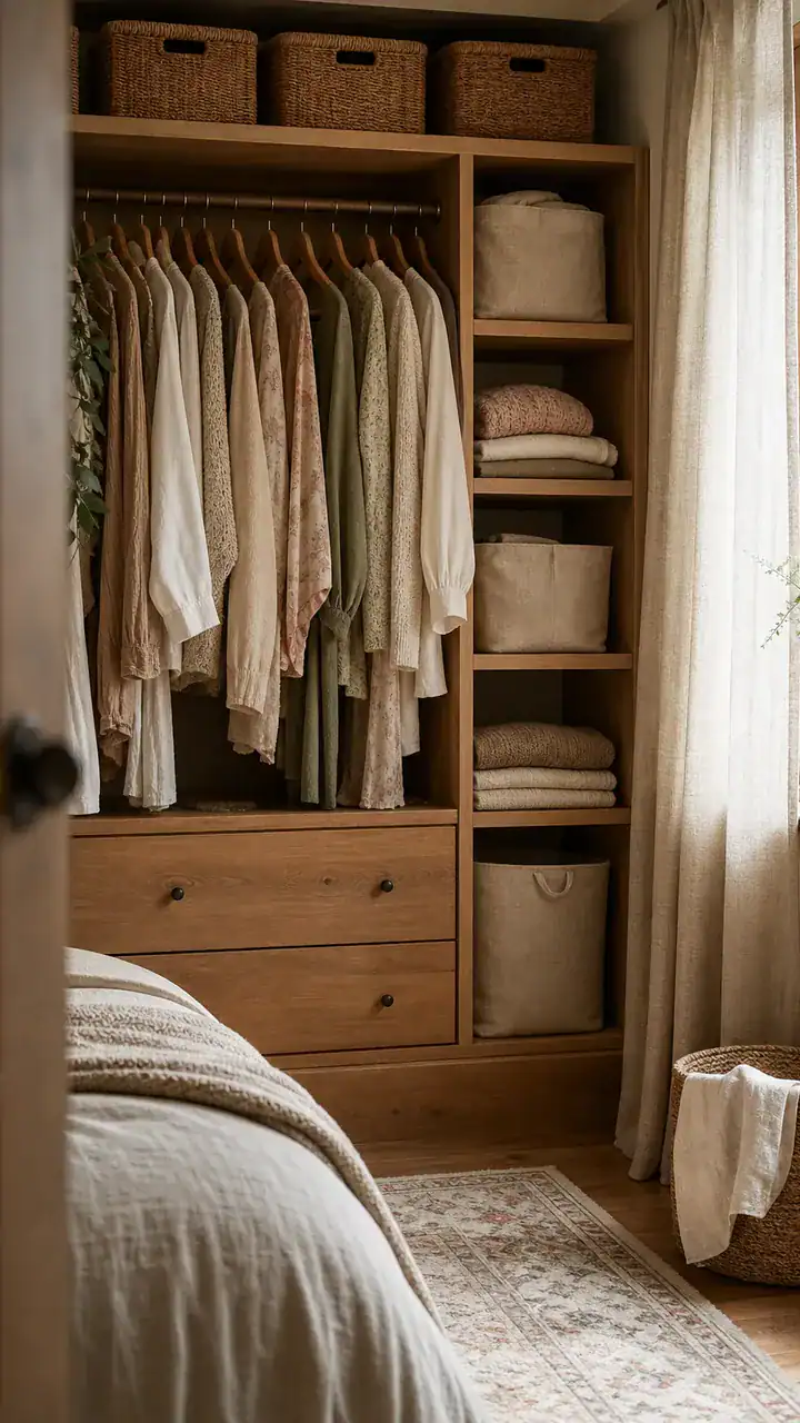 8. A Cozy Cottage Feel Inspired By Bedroom Closet Looks With Wood Tones And Linen Bins