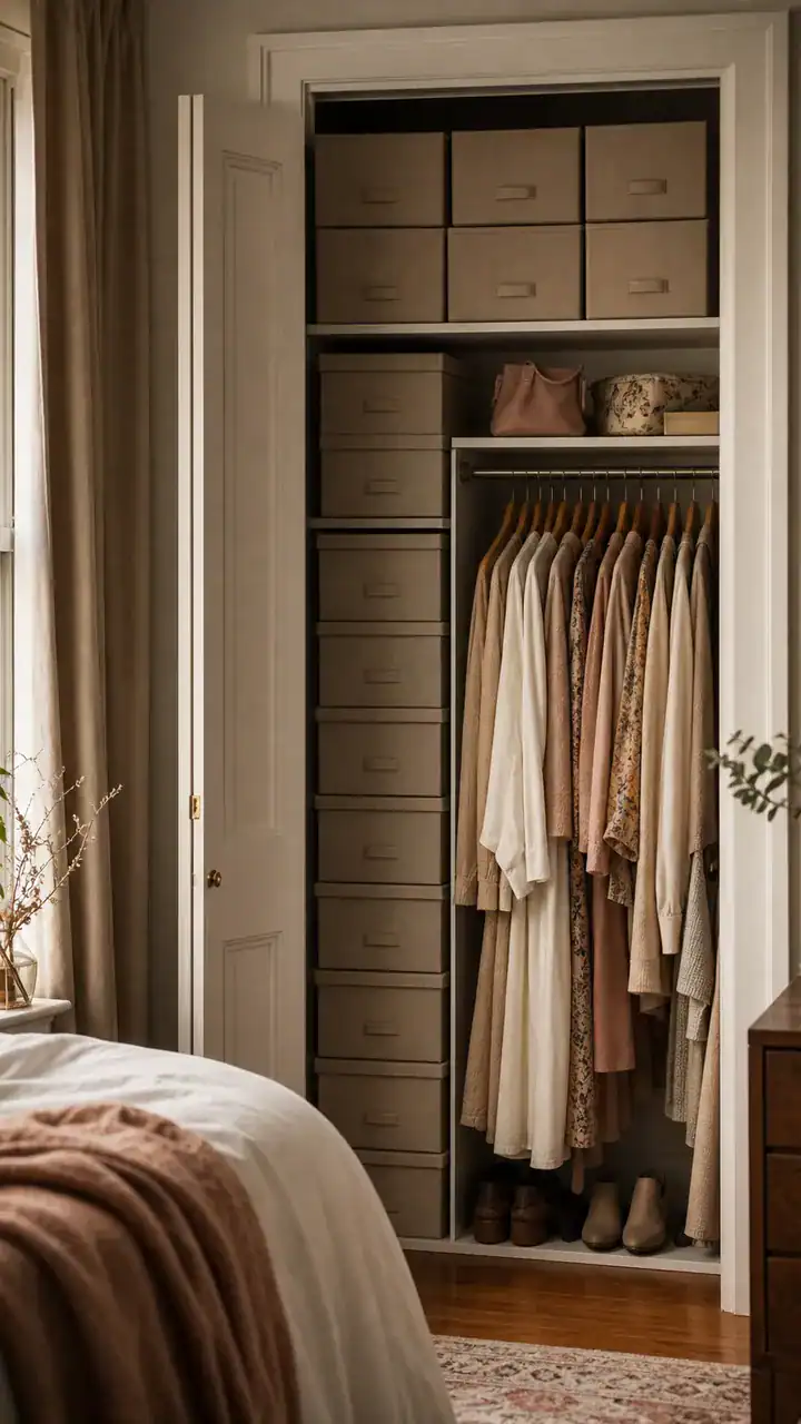 9. A City-Apartment Vibe From Bedroom Closet Storage Ideas With Slim Matching Boxes Top To Bottom