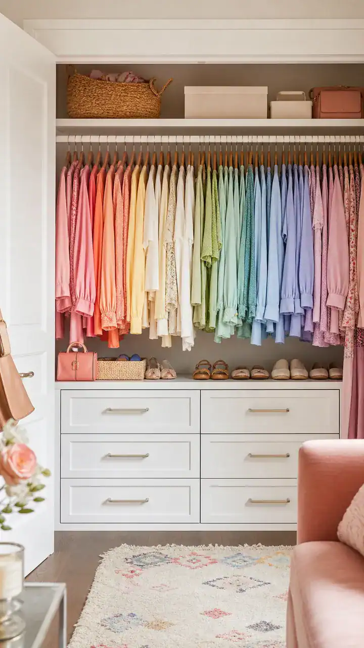 10. A Color-Happy Setup Based On Bedroom Closet Organization Ideas With A Soft Rainbow Of Clothes