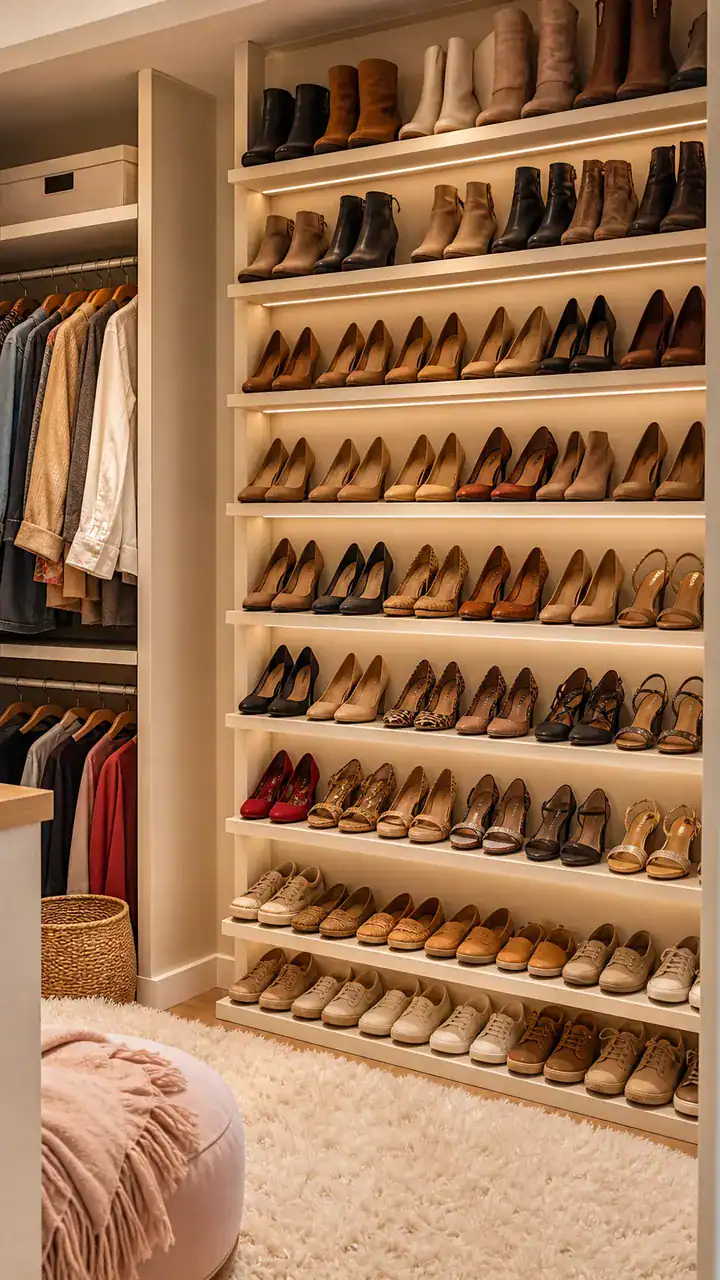 11. A “Everything Has A Spot” Feeling From Bedroom Closet Solutions With Shoes Lined Up Like A Store