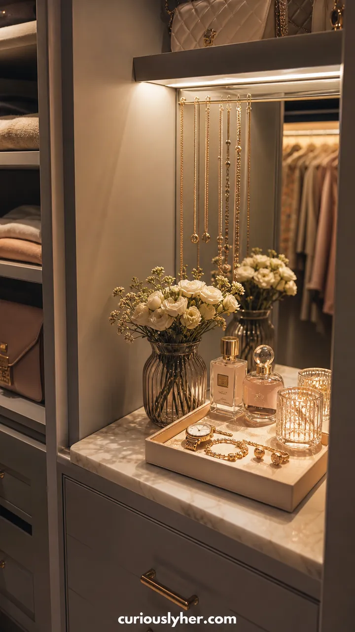 12. A Jewelry-And-Perfume Corner Inspired By Bedroom Closet Room Ideas With A Tiny Tray Display