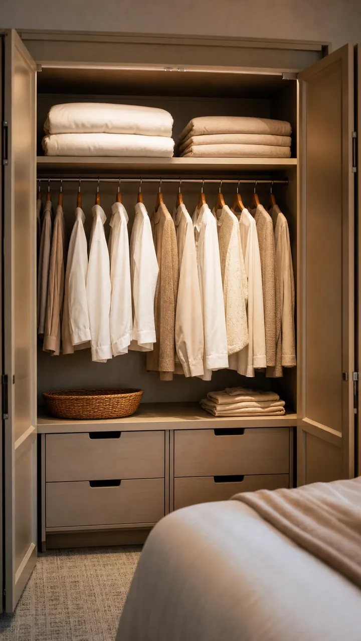 13. A Clean Hotel-Closet Mood Based On Bedroom Closet Arrangements With Extra Blankets Folded Up High