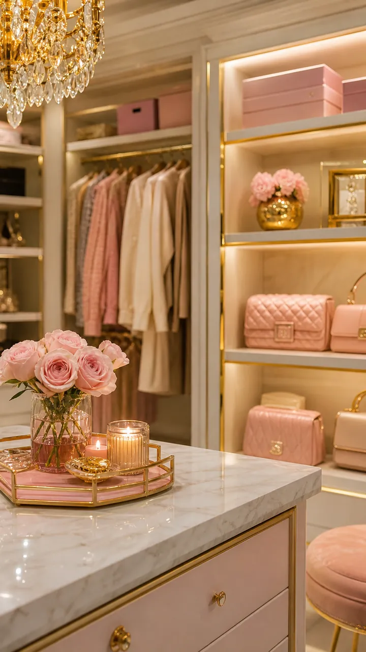 14. A Girly And Glossy Moment From Bedroom Closet Decorating Ideas With Gold Touches And Pink Details