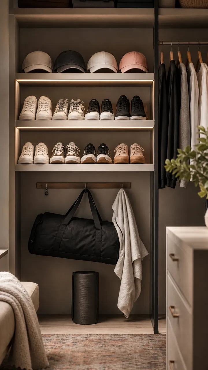 15. A Sporty Everyday Setup Inspired By Bedroom Closet Space Ideas With Caps, Sneakers, And A Gym Bag Zone