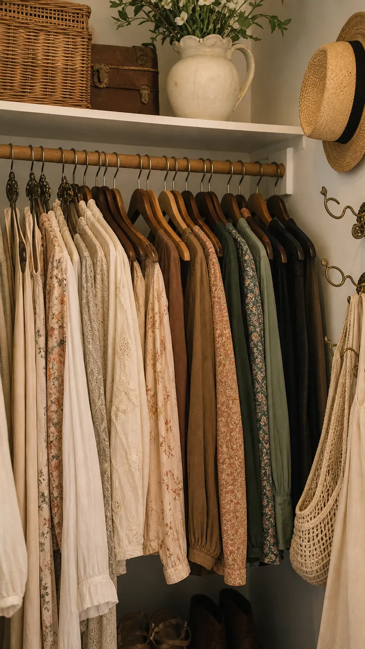 16. A Thrifted-And-Charming Look Based On Bedroom Closet Inspiration Ideas With Mixed Wood Hangers And Vintage Hooks
