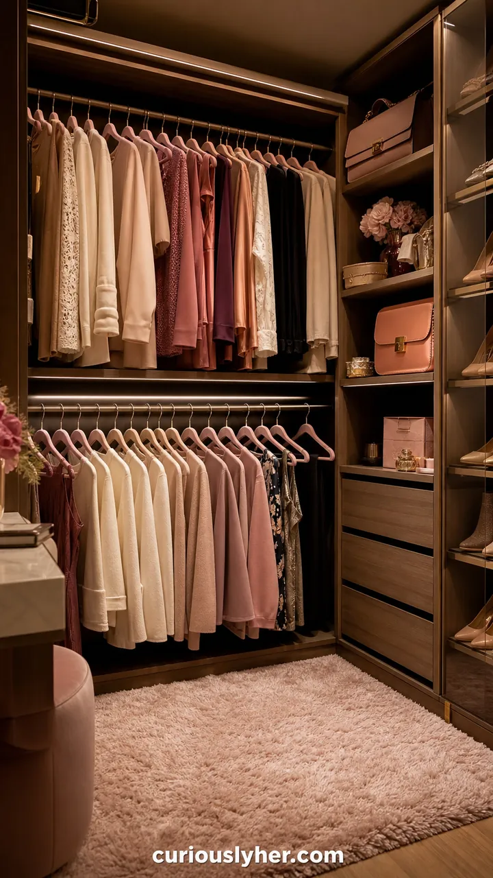 19. A Small-But-Luxury Mood Based On Bedroom Closet Ideas With Velvet Hangers And A Soft Little Rug
