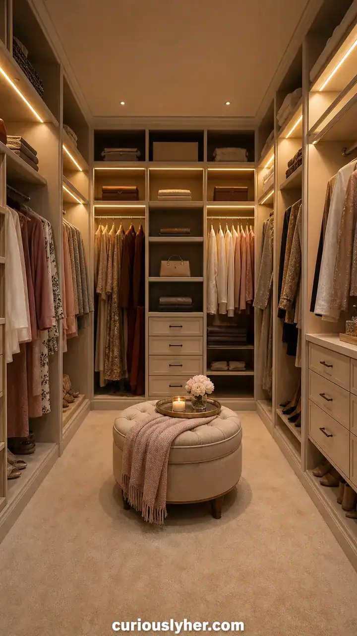 3. A Walk-In Closet With A Small Round Ottoman In The Middle Like A Tiny Lounge
