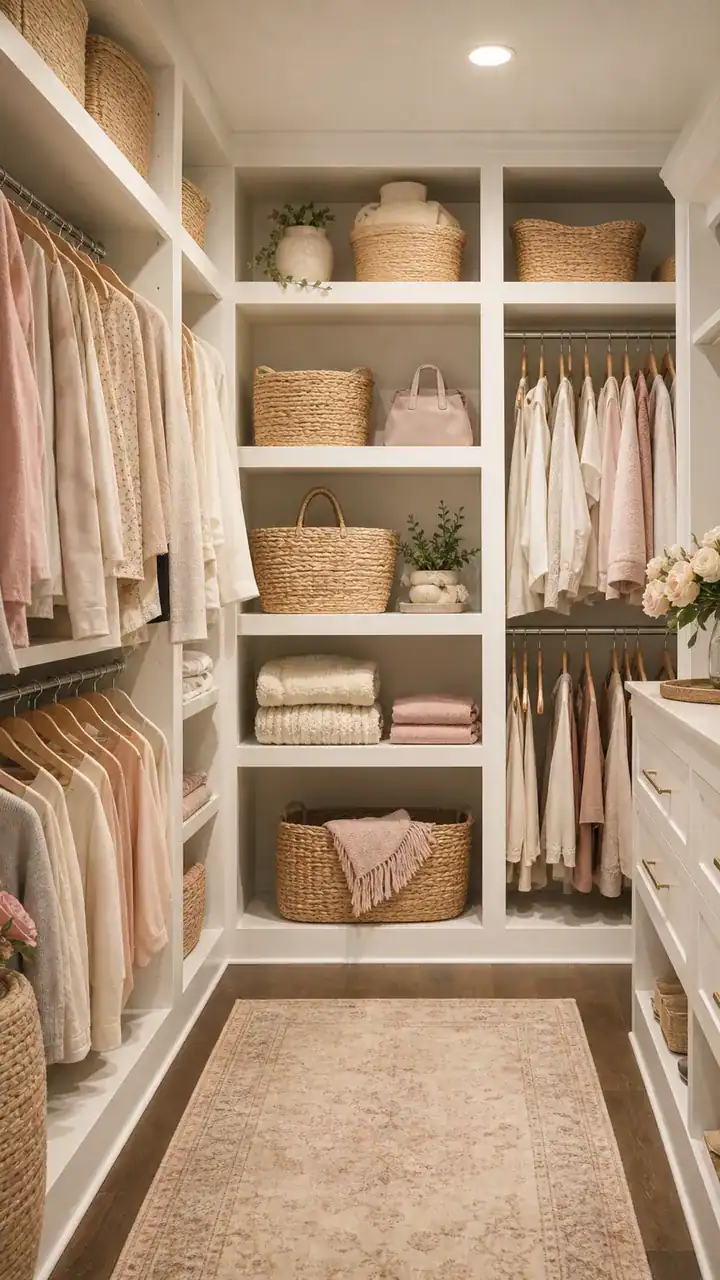 5. A Walk-In Closet With White Shelves And Woven Baskets That Look Like Decor