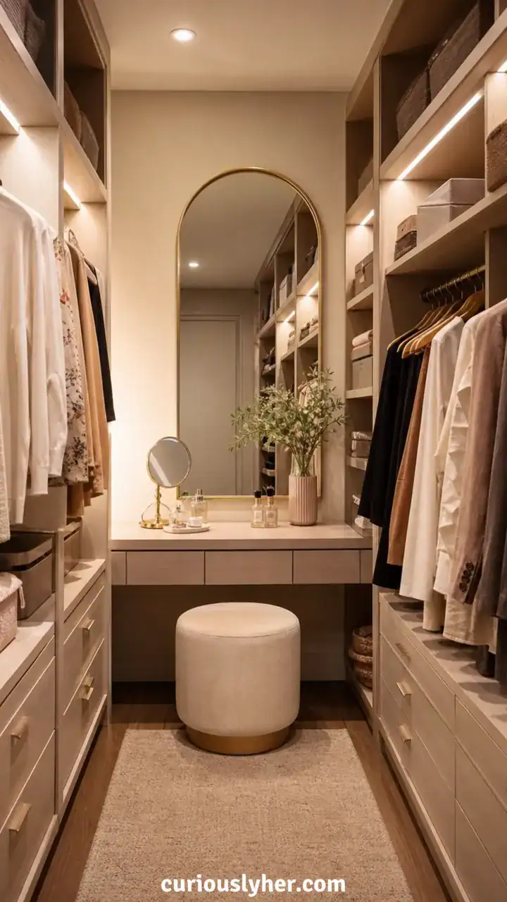 7. A Walk-In Closet With A Little Vanity Spot And A Simple Stool