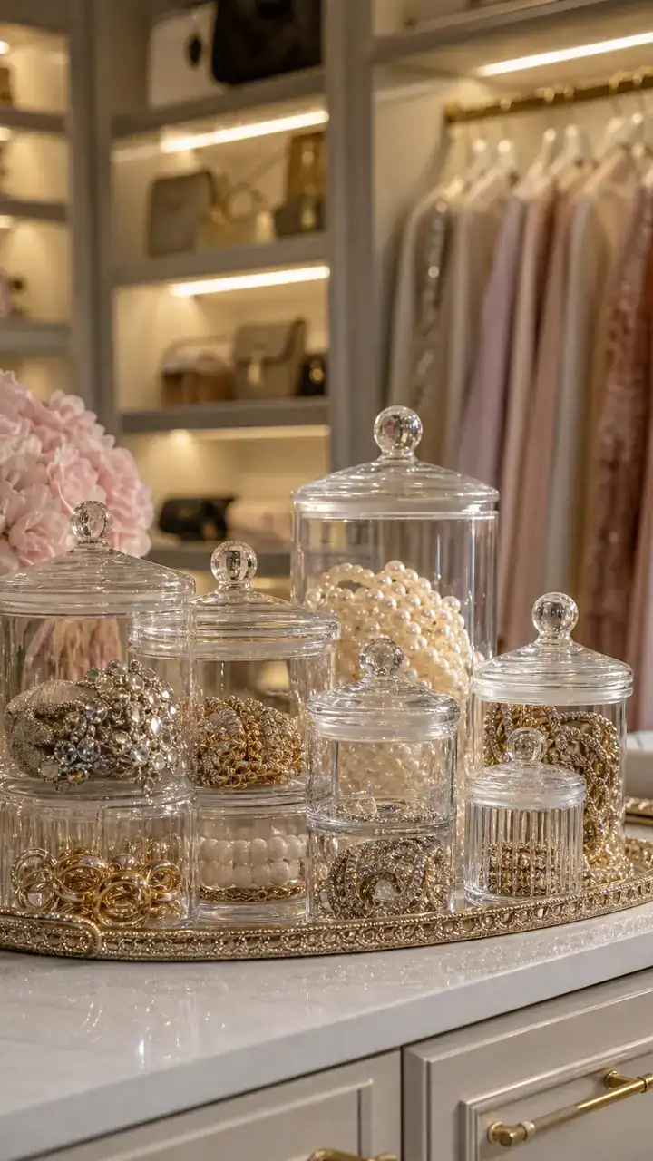 8. A Closet With Glass Jars For Jewelry That Look Like A Pretty Display