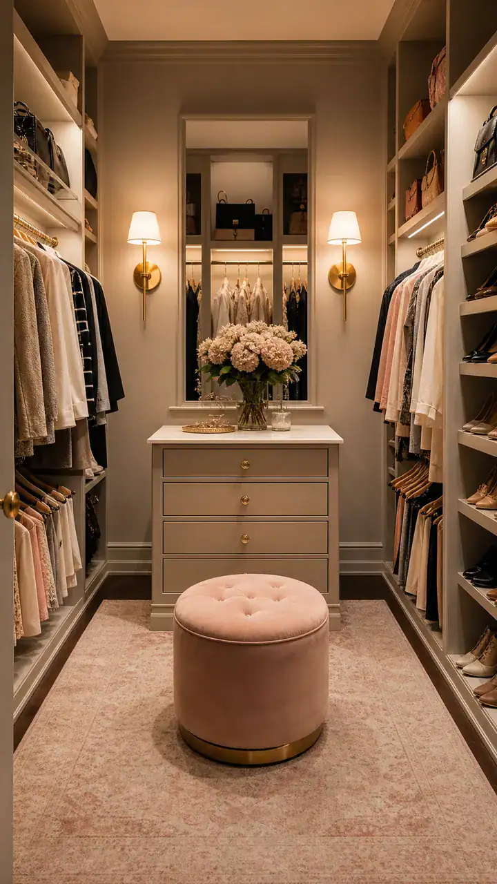 9. A Walk-In Closet With Two Wall Sconces That Feel Like A Boutique
