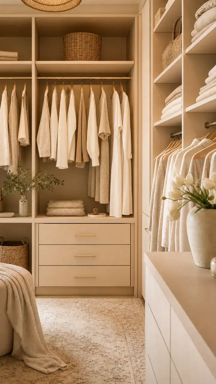 10. A Closet With A Soft Beige Color Palette That Feels Like Deep Breath Energy