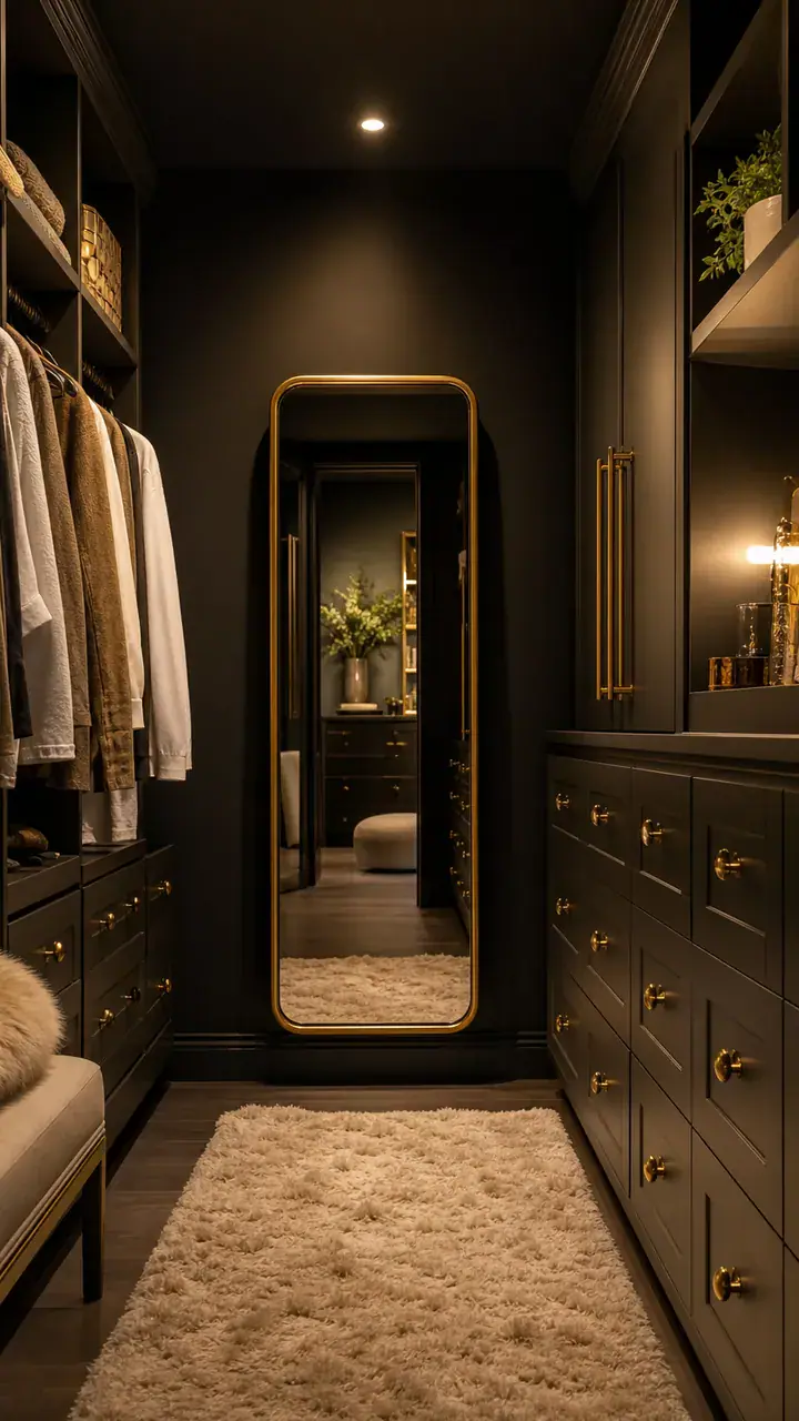 11. A Walk-In Closet With Dark Moody Walls And Gold Hardware For A Cozy Cocoon Feel
