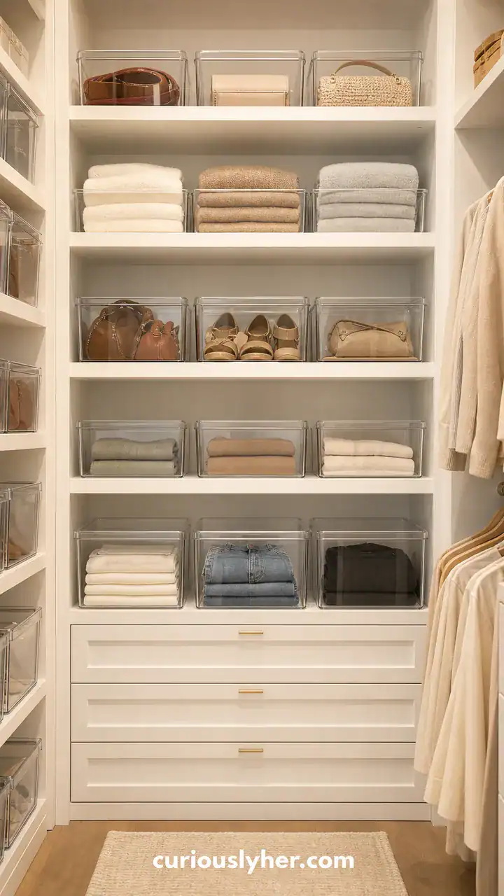 12. A Closet With Clear Matching Bins That Look Like A Clean Store Shelf