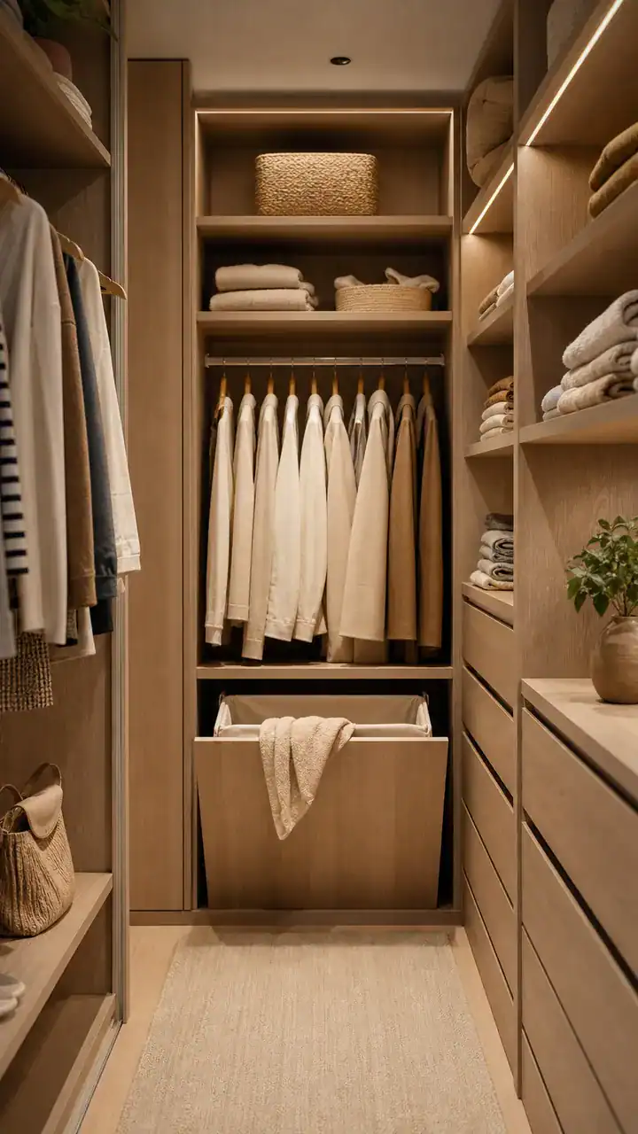 13. A Walk-In Closet With A Built-In Hamper That Keeps Everything Looking Calm
