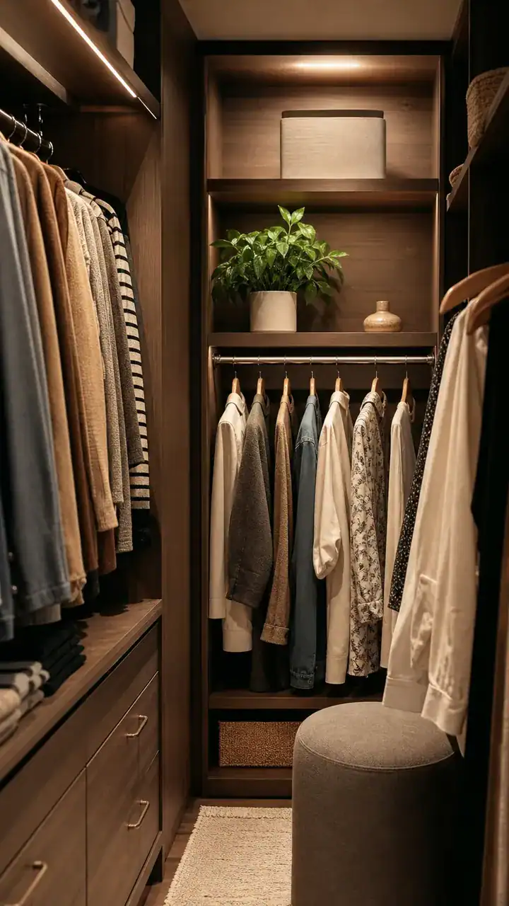 15. A Walk-In Closet With A Small Plant On A Shelf For A Fresh Little Moment