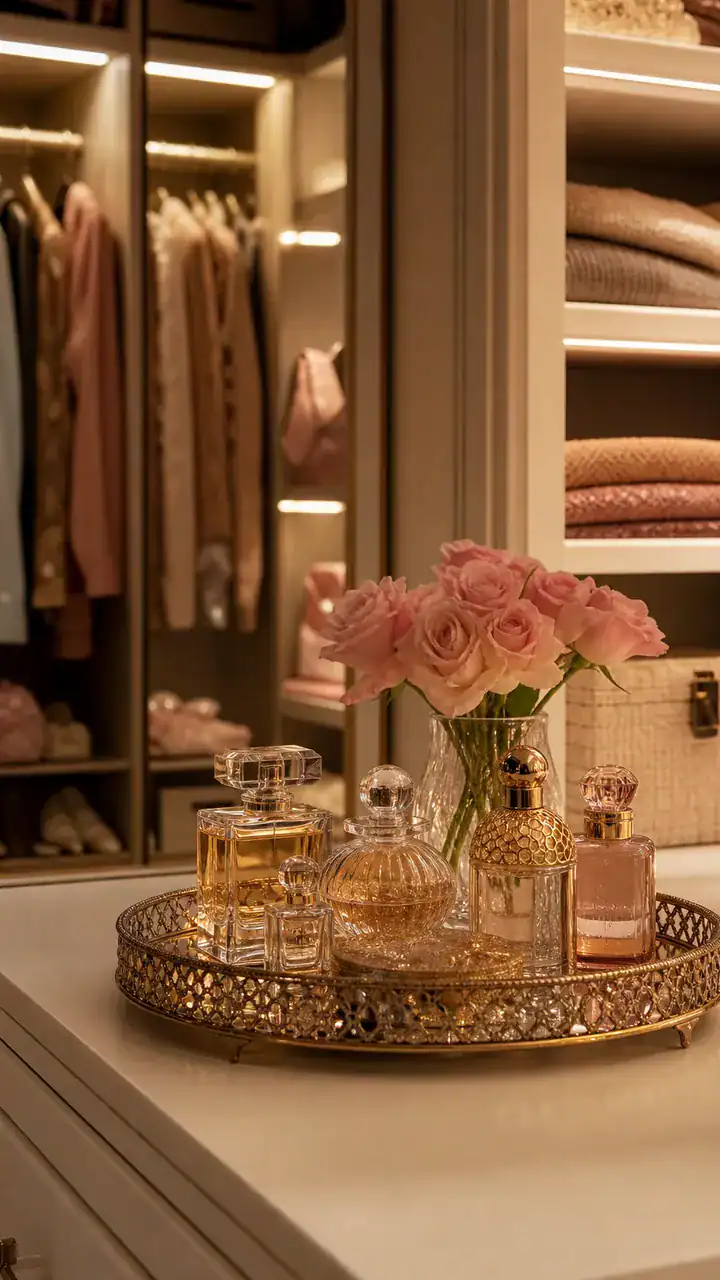16. A Closet With A Pretty Tray For Perfume That Feels Like Getting Ready For Something Nice