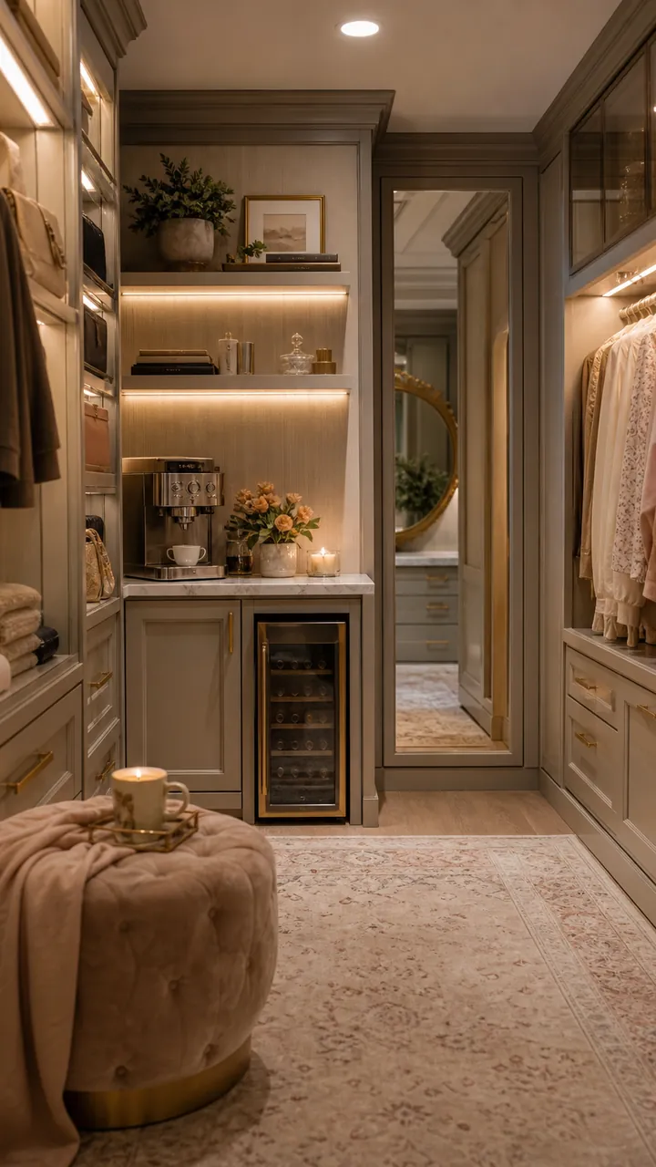 17. A Walk-In Closet With A Tiny Coffee Bar Corner For Main Character Mornings