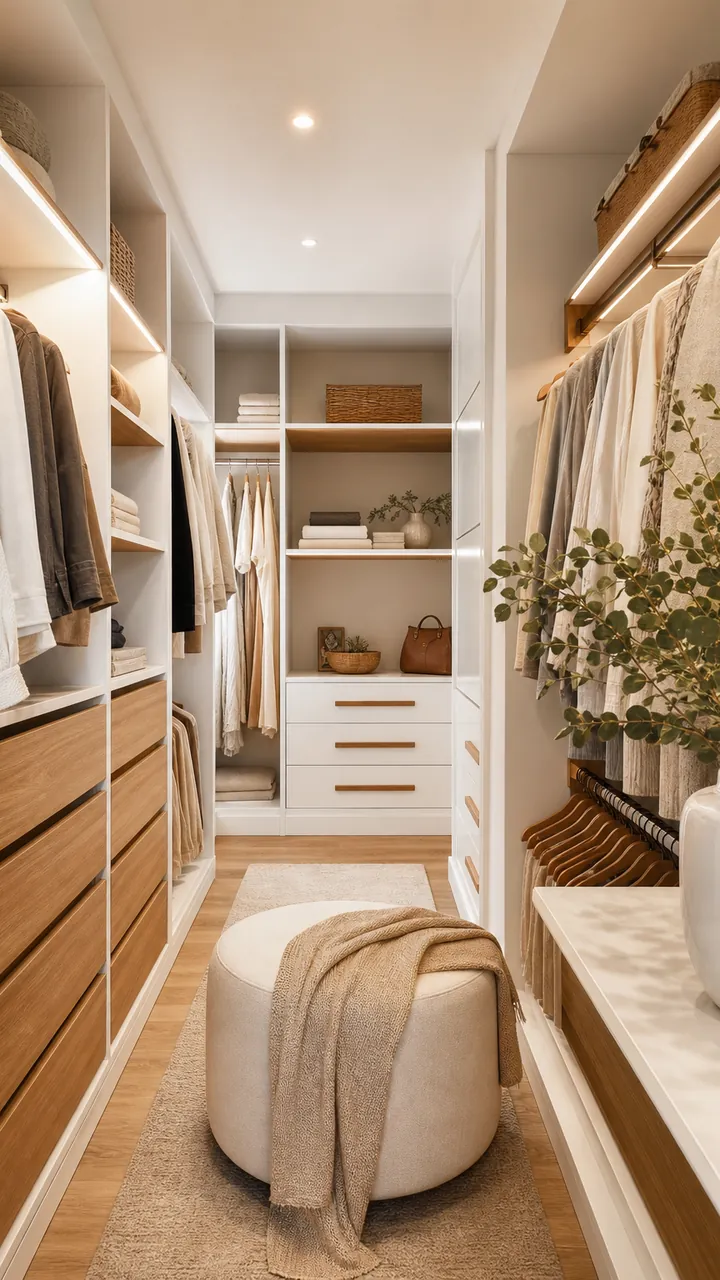 18. A Walk-In Closet With A Peek-Of-Wood Details That Warm Up All The White