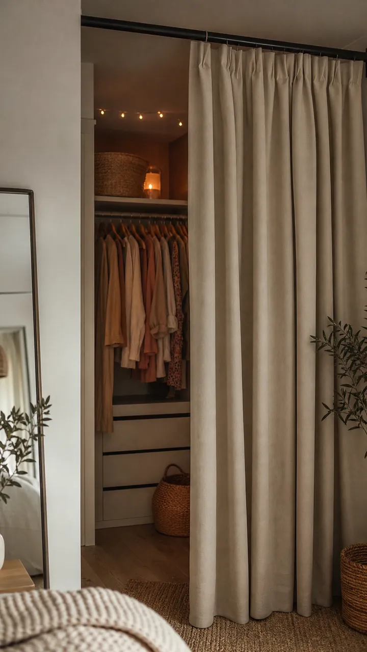 19. A Walk-In Closet With A Curtain Instead Of A Door For Soft Cozy Vibes