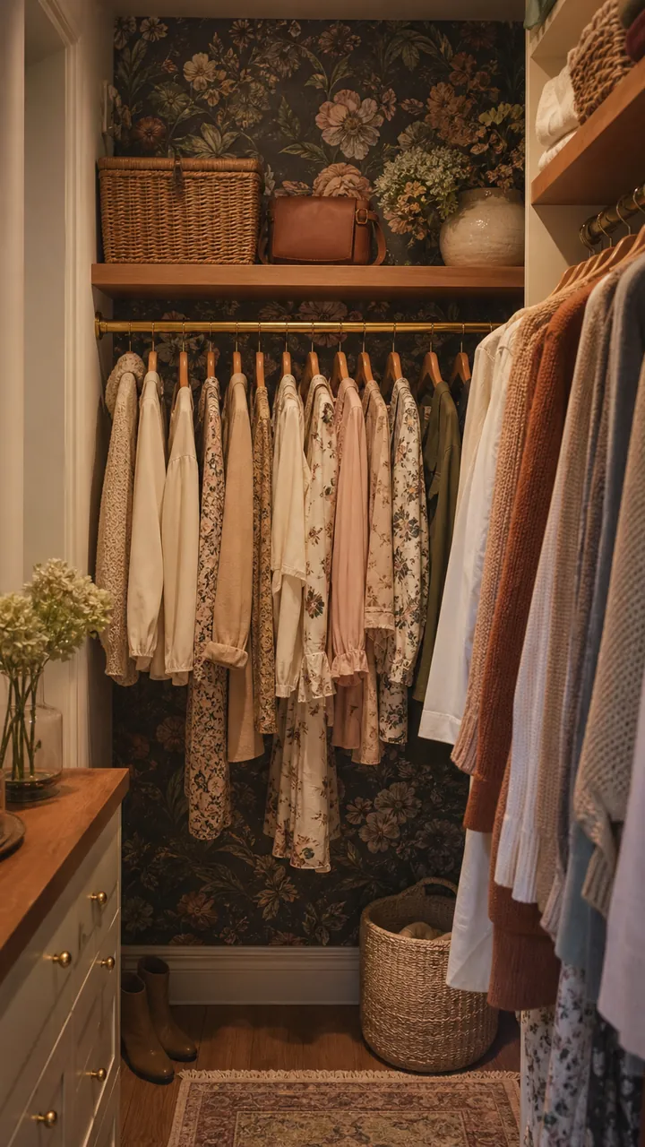 20. A Closet With A Wallpaper Accent Wall That Feels Like A Hidden Gem
