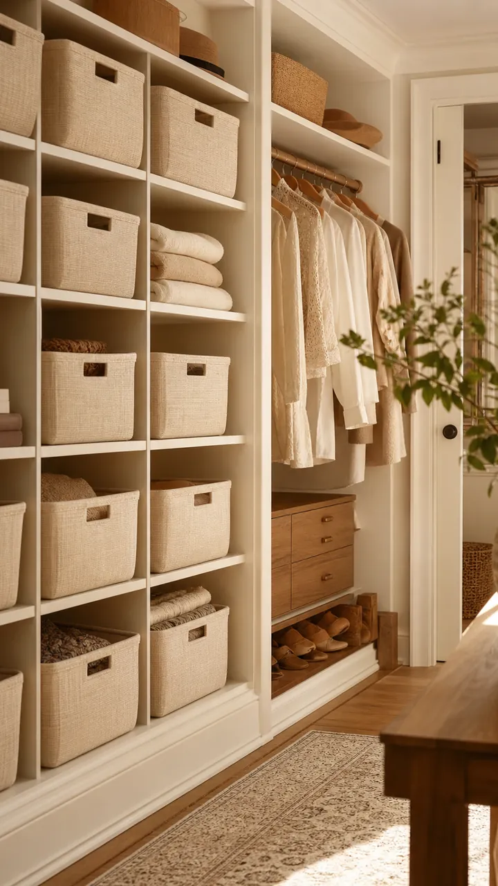 22. A Walk-In Closet With A Light Linen Basket Wall That Looks Soft And Organized Without Trying