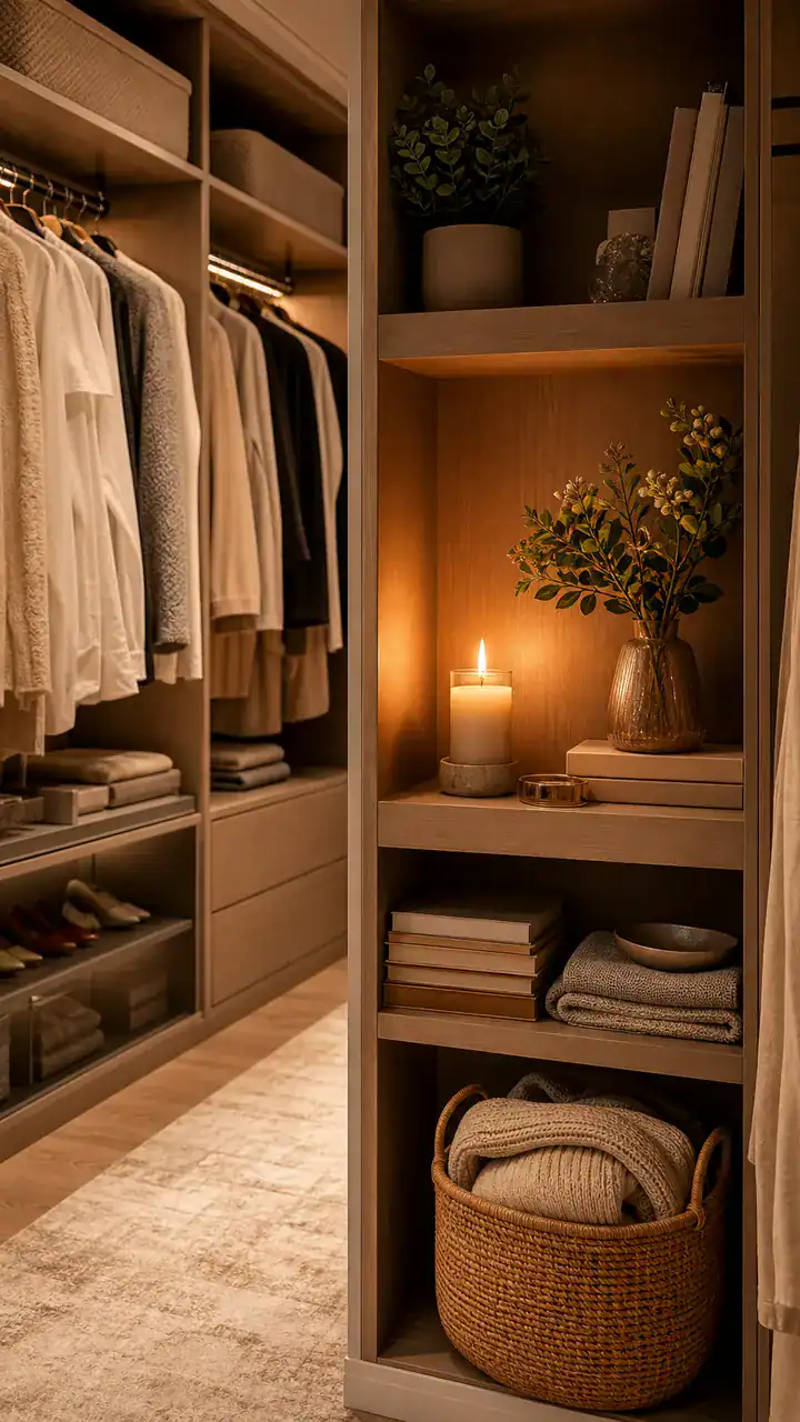23. A Walk-In Closet With A Candle-And-Book Little Shelf That Feels Like A Reset Spot