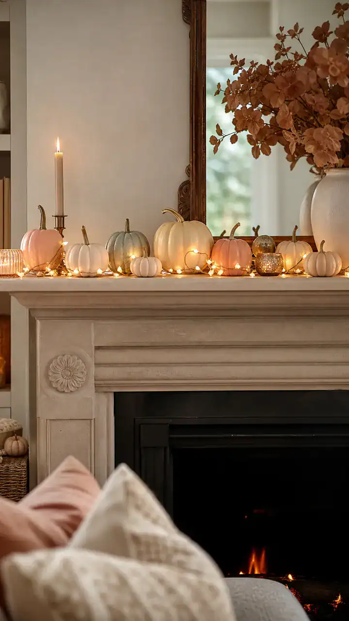 1. A Mantel Lined With Tiny Pastel Pumpkins and Soft Fairy Lights