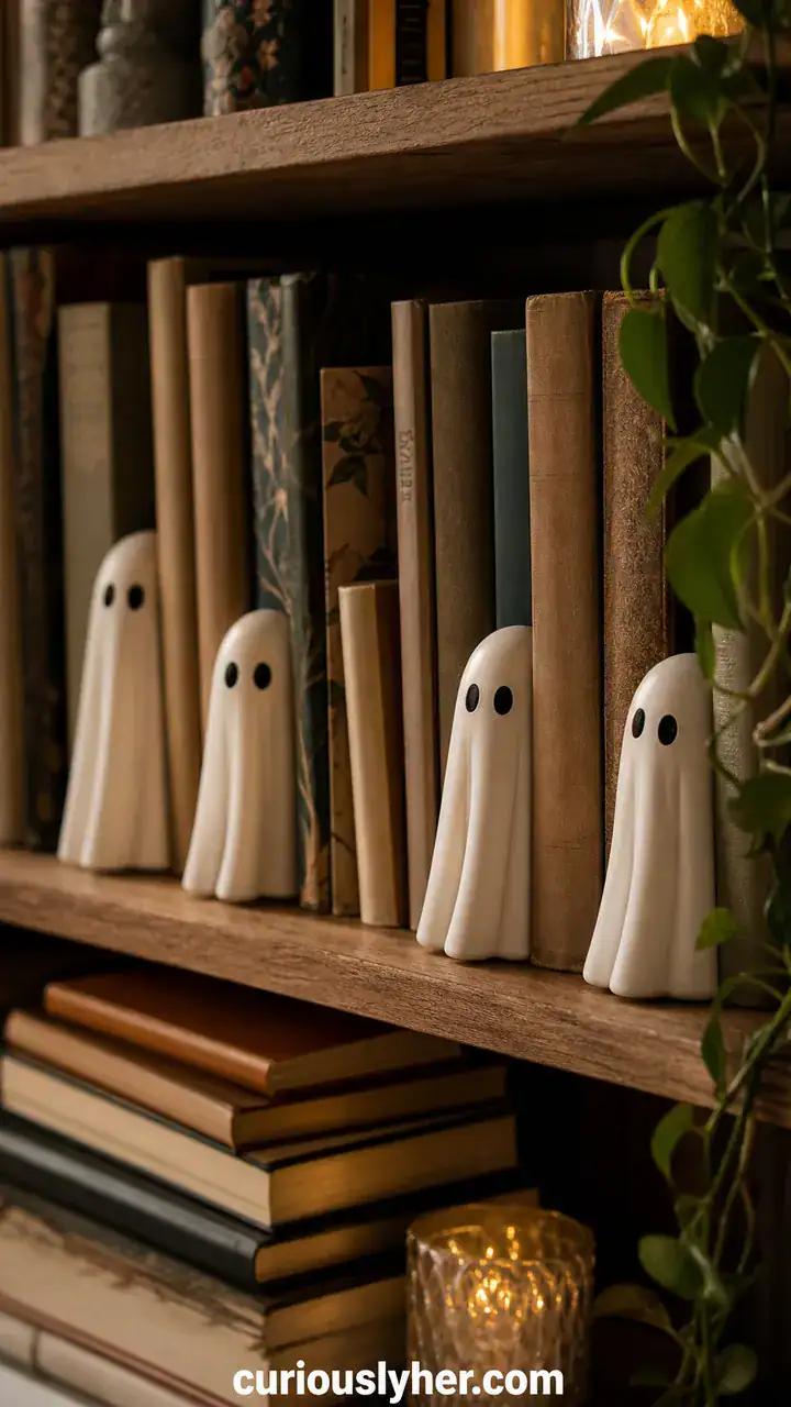 2. A Row of Little White Ghosts Peeking Out From a Bookshelf