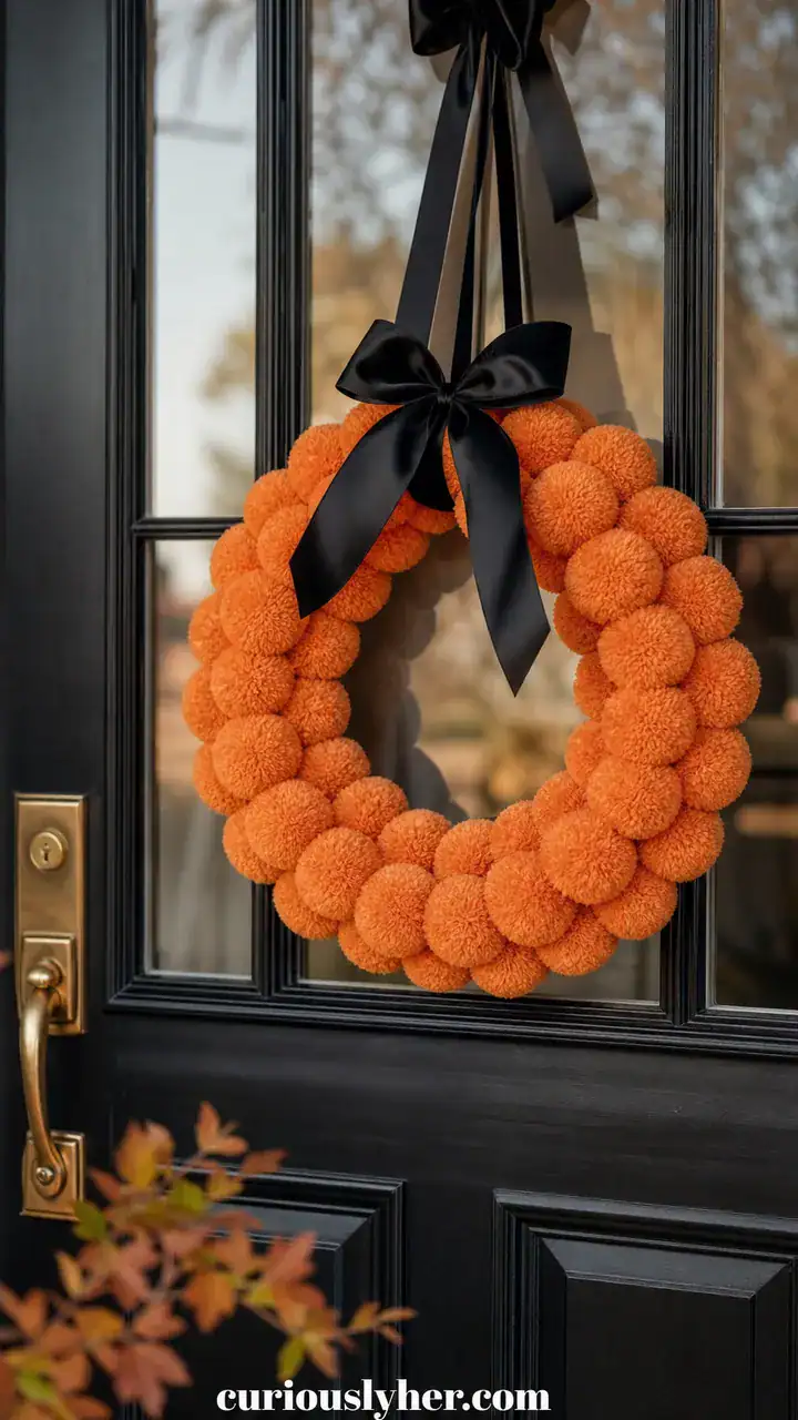 4. A Front Door Wreath of Soft Orange Pom-Poms and a Black Bow
