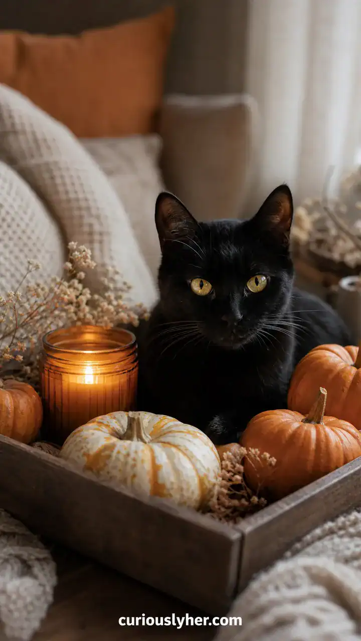 8. A Wooden Tray Holding Little Pumpkins, a Candle, and a Sweet Black Cat